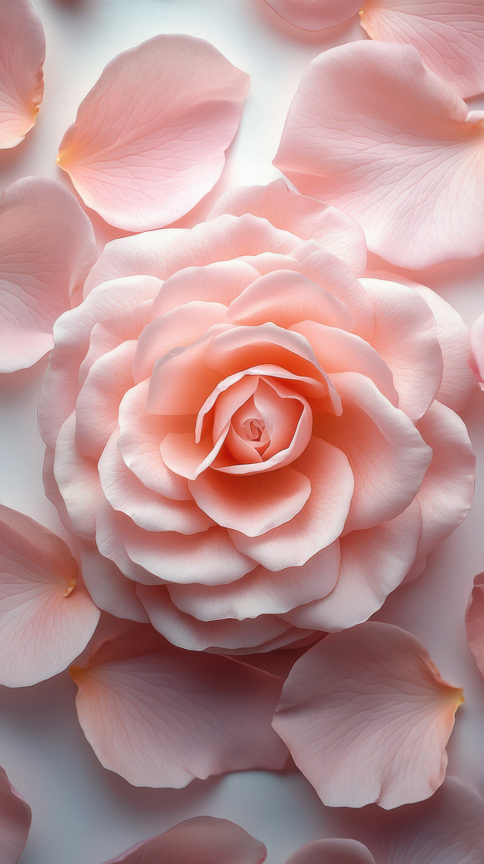 Delicate pink rose surrounded by soft petals on a light background